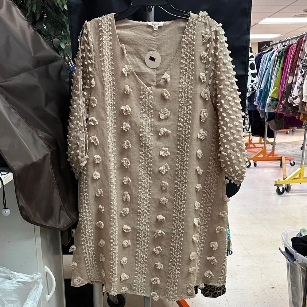 ODDY Textured Long Sleeve Dress in Beige
